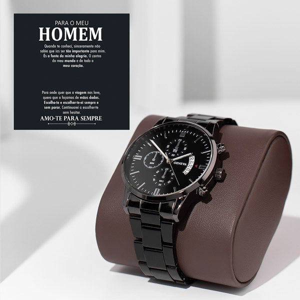 Relógio de homem de cronógrafo preto LUCIAN_CHRONOMASTER e grátis CAIXA DE OFERTA