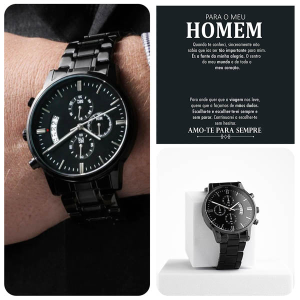 Relógio de homem de cronógrafo preto LUCIAN_CHRONOMASTER e grátis CAIXA DE OFERTA