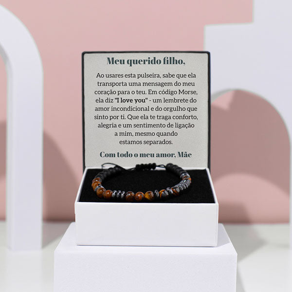 Pulseira de olho de tigre com código Morse “Amo-te” – AER_MORSEBRACELET